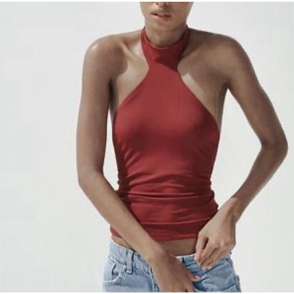 Zara Women's Burgundy Red Halter Neck top Small Sleeveless High Neck Basic 90s
